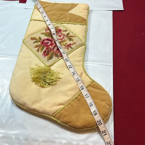 Pink ROSES cross stitch VELVET Christmas Stocking GOLD roping VINTAGE Victorian - Picture 11 of 13